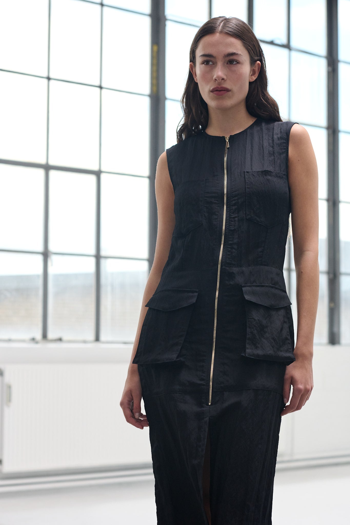 Phoebe Dress – Elegant crinkled fabric dress with a full-length zipper detail.