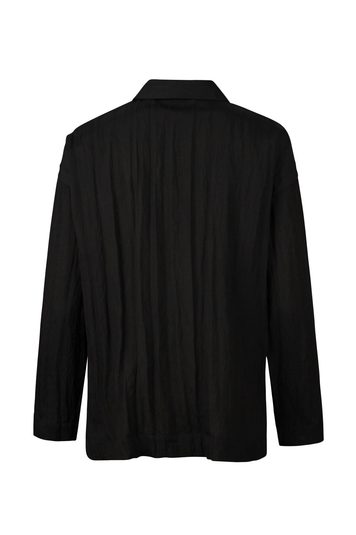Back view of Andrea Shirt – Black textured shirt with boxy silhouette and no cuffs.