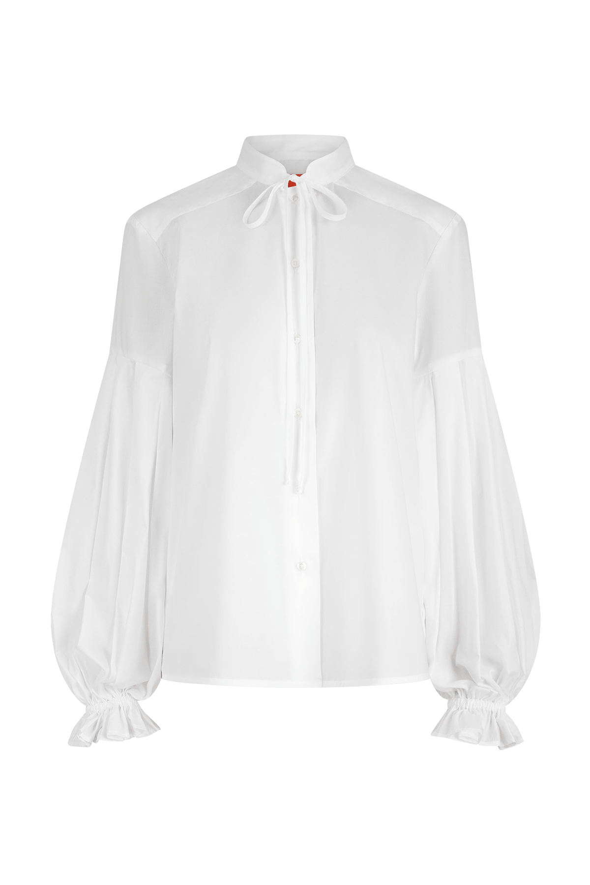 White Banda shirt with stand collar, neck tie, and pleated sleeves.