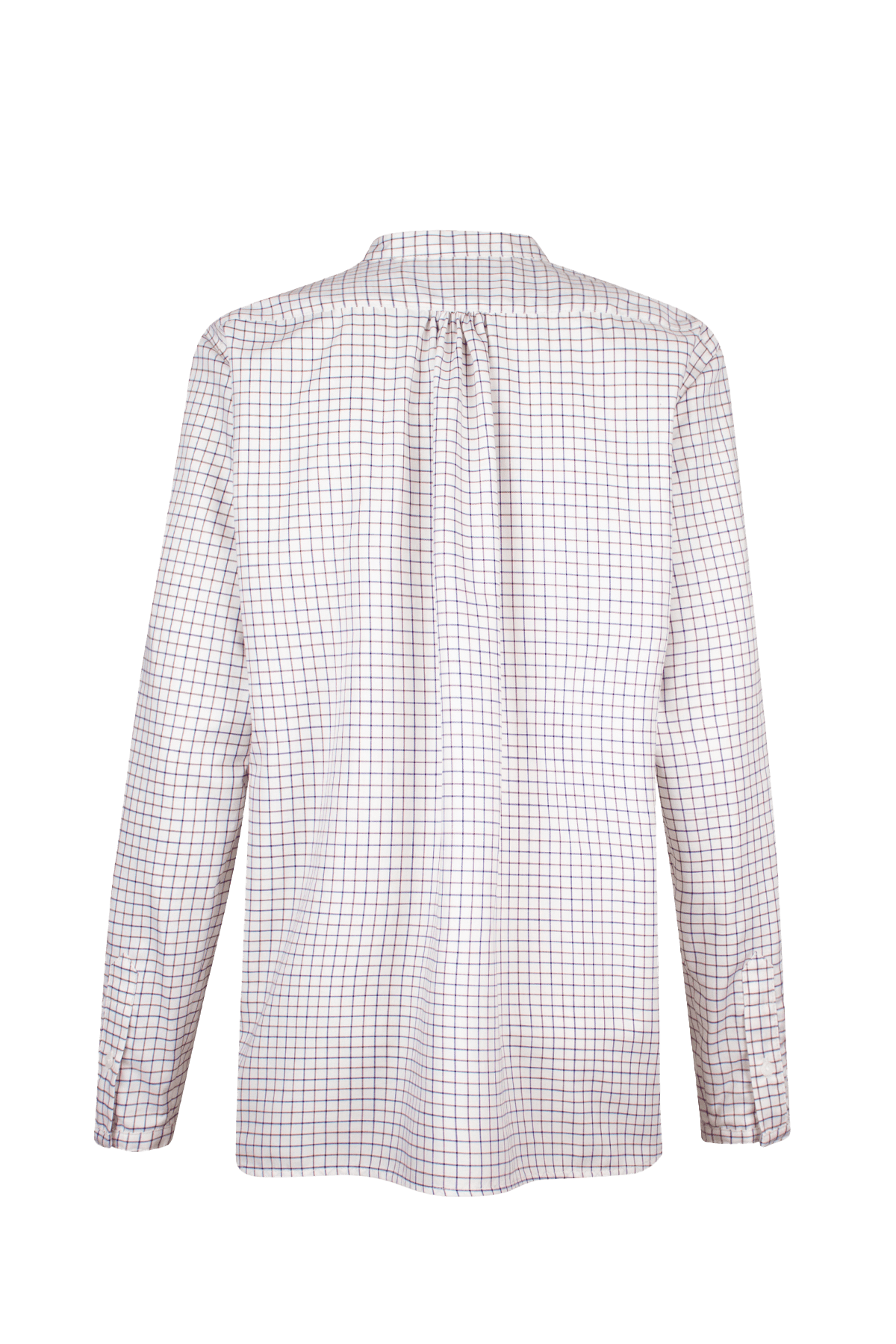 Bea shirt with straight silhouette, stand collar and raw-edge sleeves.