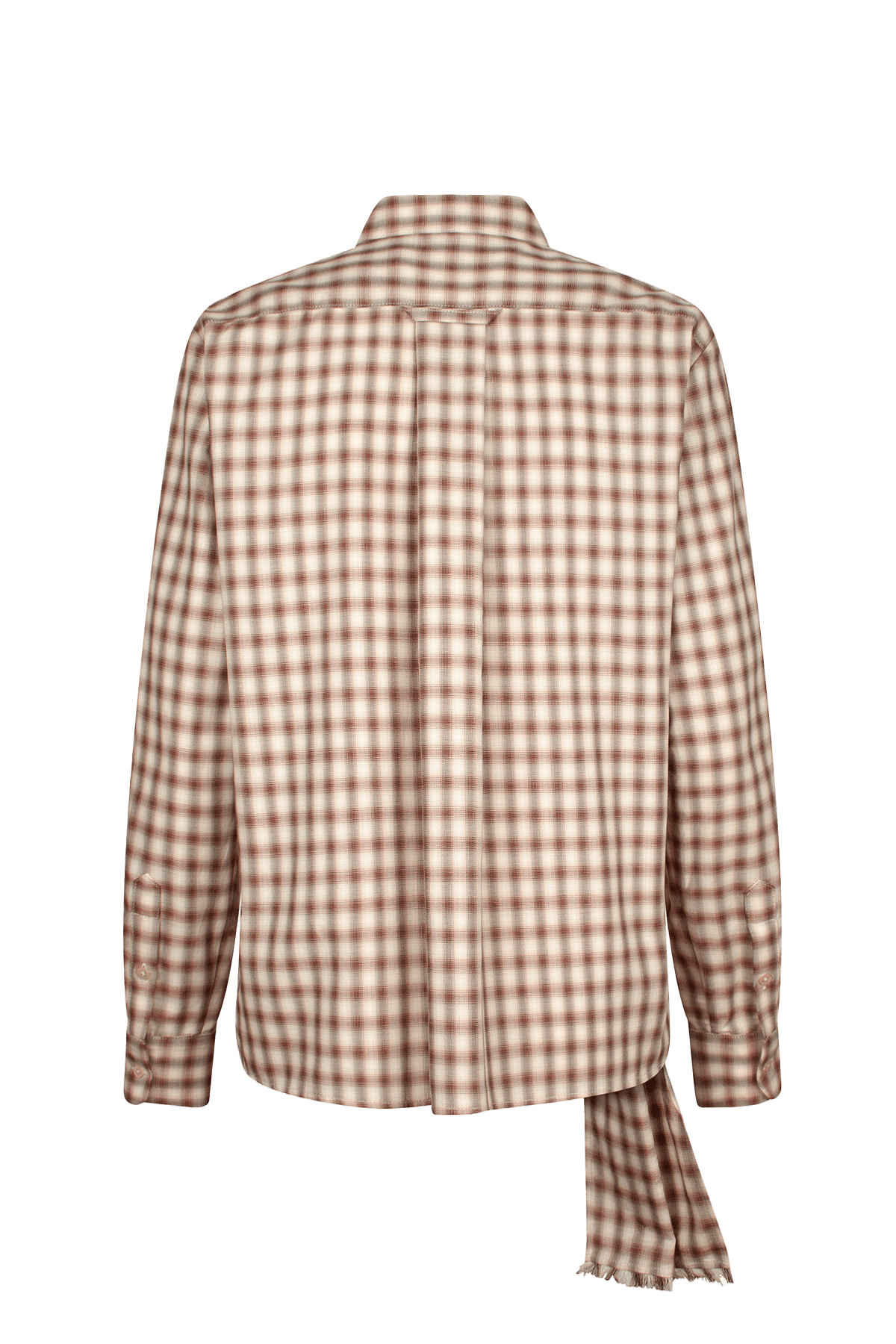 Close-up of Bene cotton shirt with asymmetrical sash.