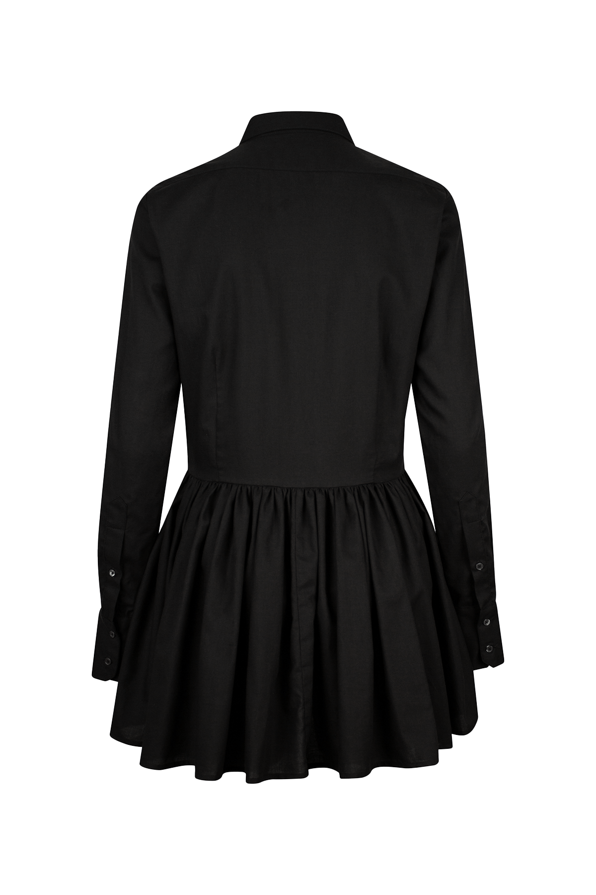 Black long-sleeved mini dress with, button-down front, and gathered peplum-style skirt.