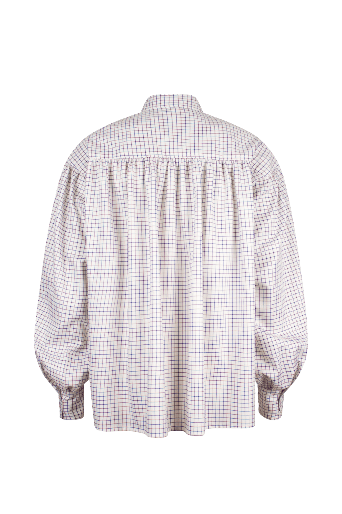 White checked shirt with a tie-neck detail, front button closure, and long voluminous balloon sleeves gathered at the wrists.