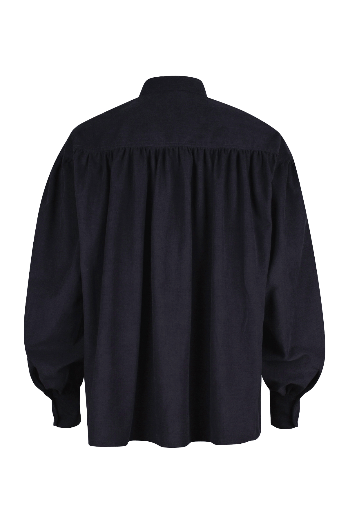 Navy shirt with a tie-neck detail, front button closure, and long voluminous balloon sleeves gathered at the wrists.