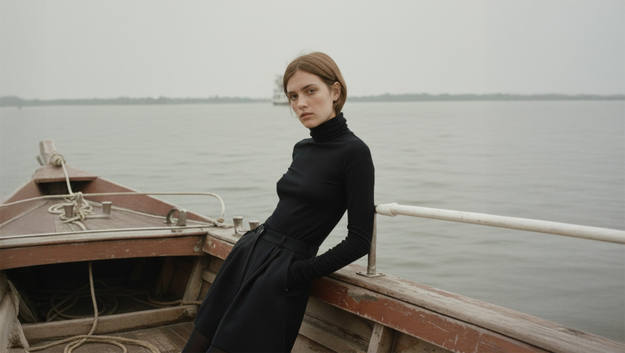 Woman in a black dress standing on a boat with a foggy lake background