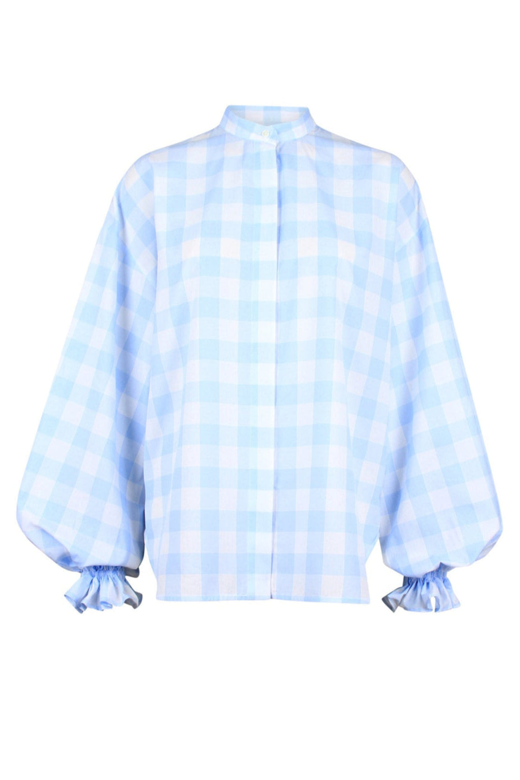 Front view of Heather blue check blouse with puffed sleeves and button-up front.