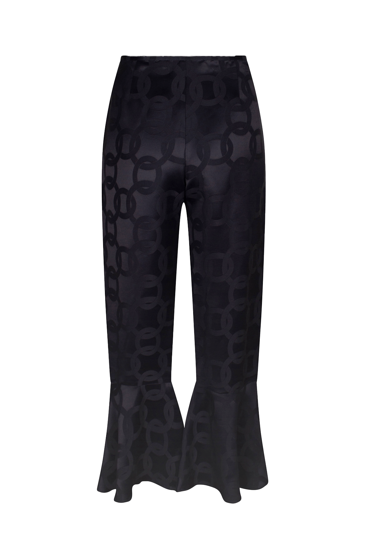 Close-up of Kasey trousers in dark blue satin jacquard with flounced hem.