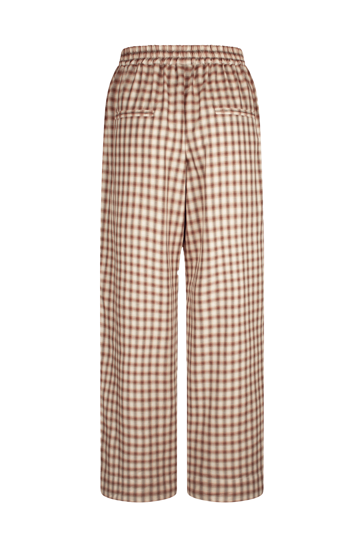 brown check trousers with elastic waist