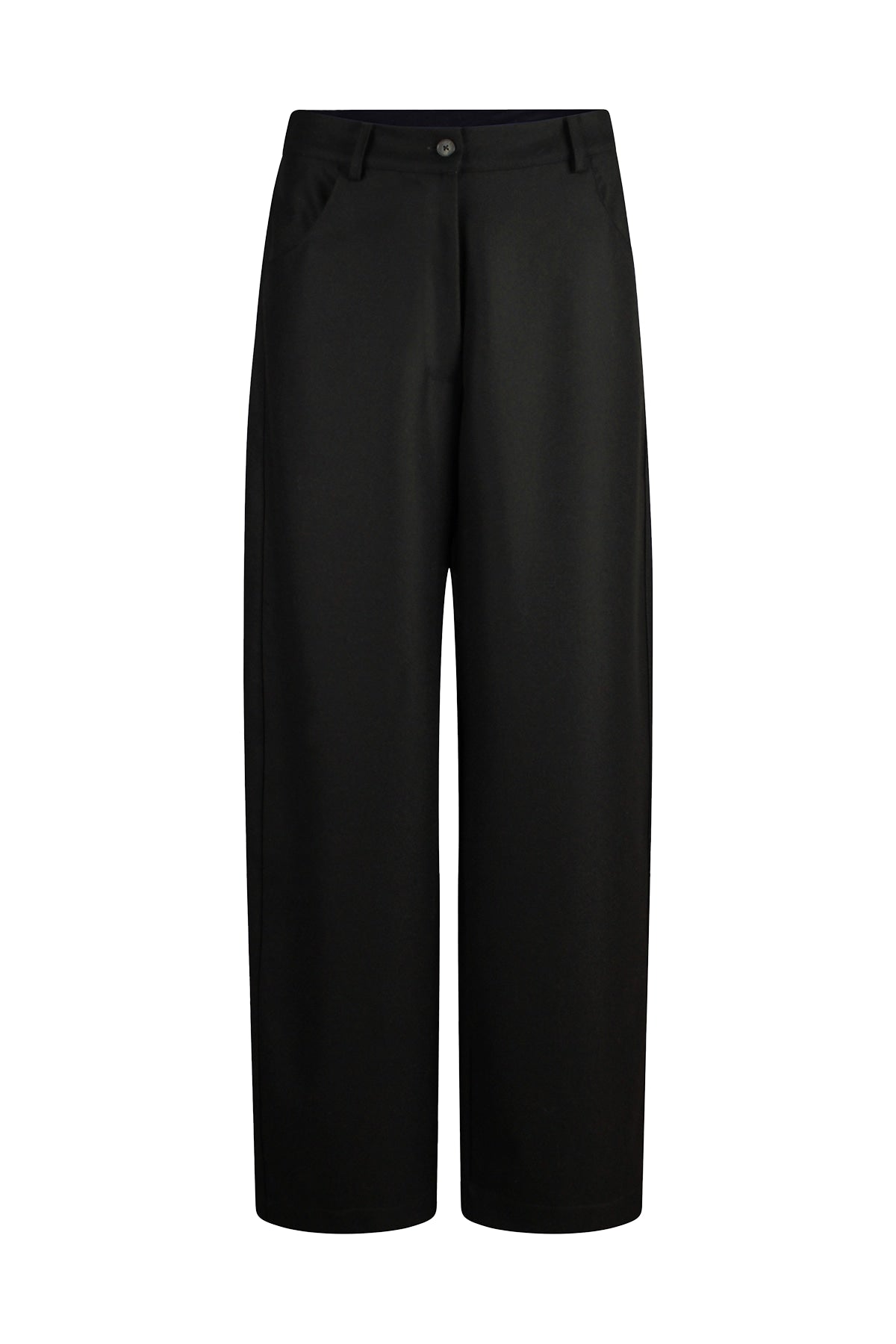 Black barrel-leg wool trousers with a relaxed fit, front pockets, and button closure.