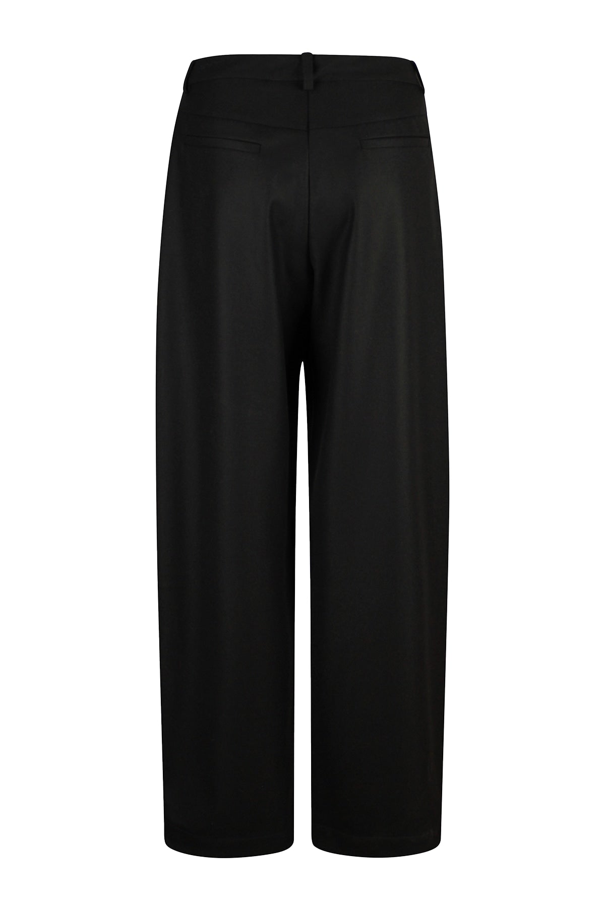 Back view of high-waisted black wool trousers featuring sleek welt pockets.