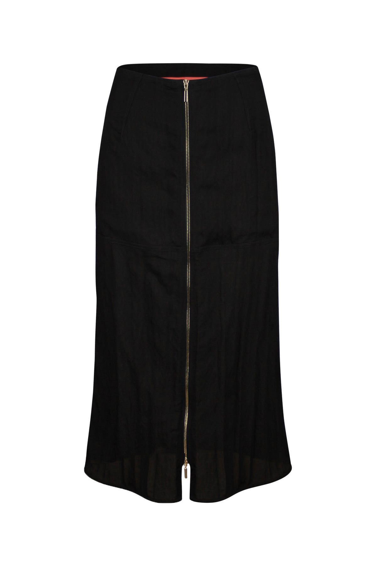 Lavigna Skirt – Black midi skirt with a zip-front detail and crinkled texture.