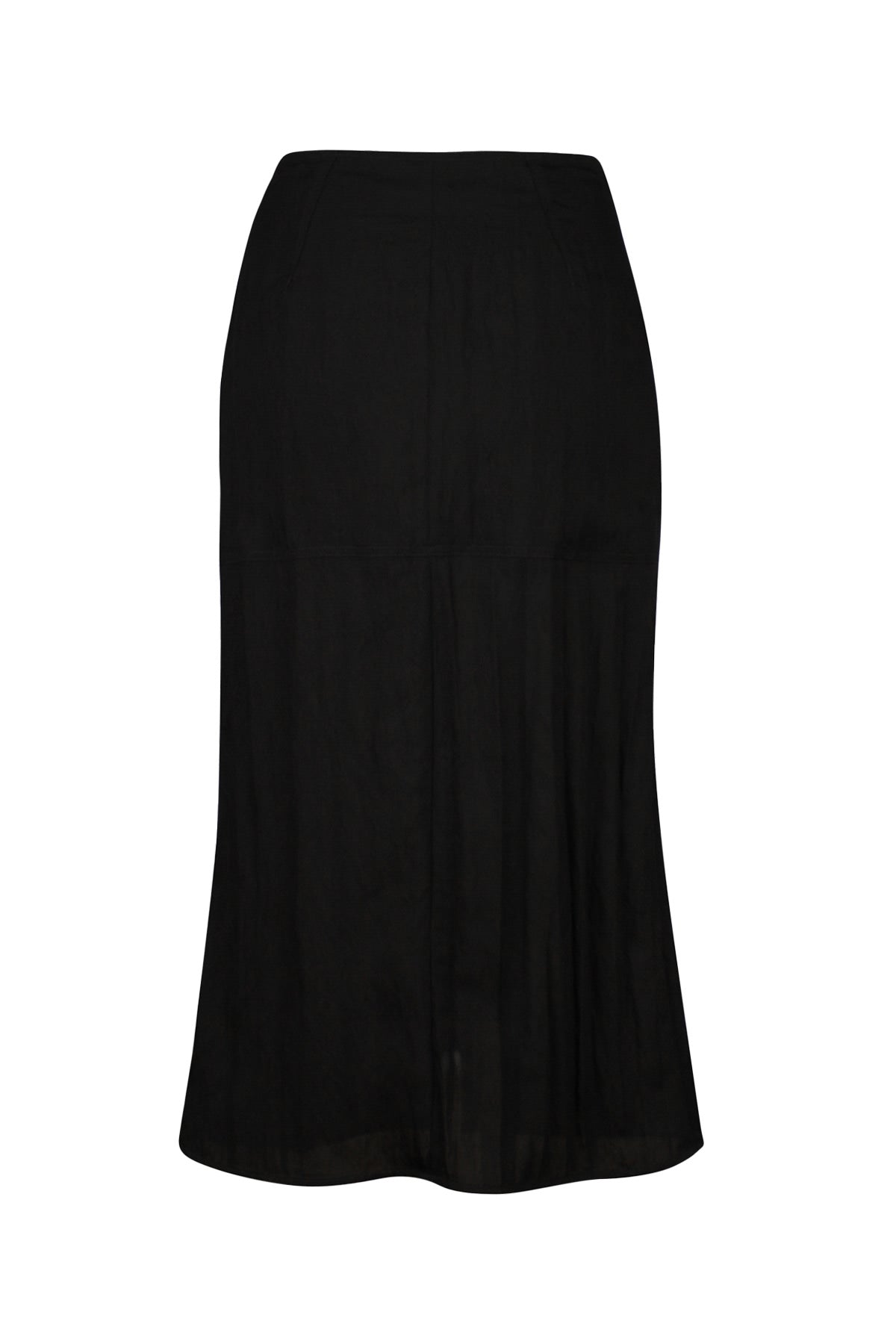 Lavigna Skirt – Back view of the black midi skirt with a flowing, structured silhouette.
