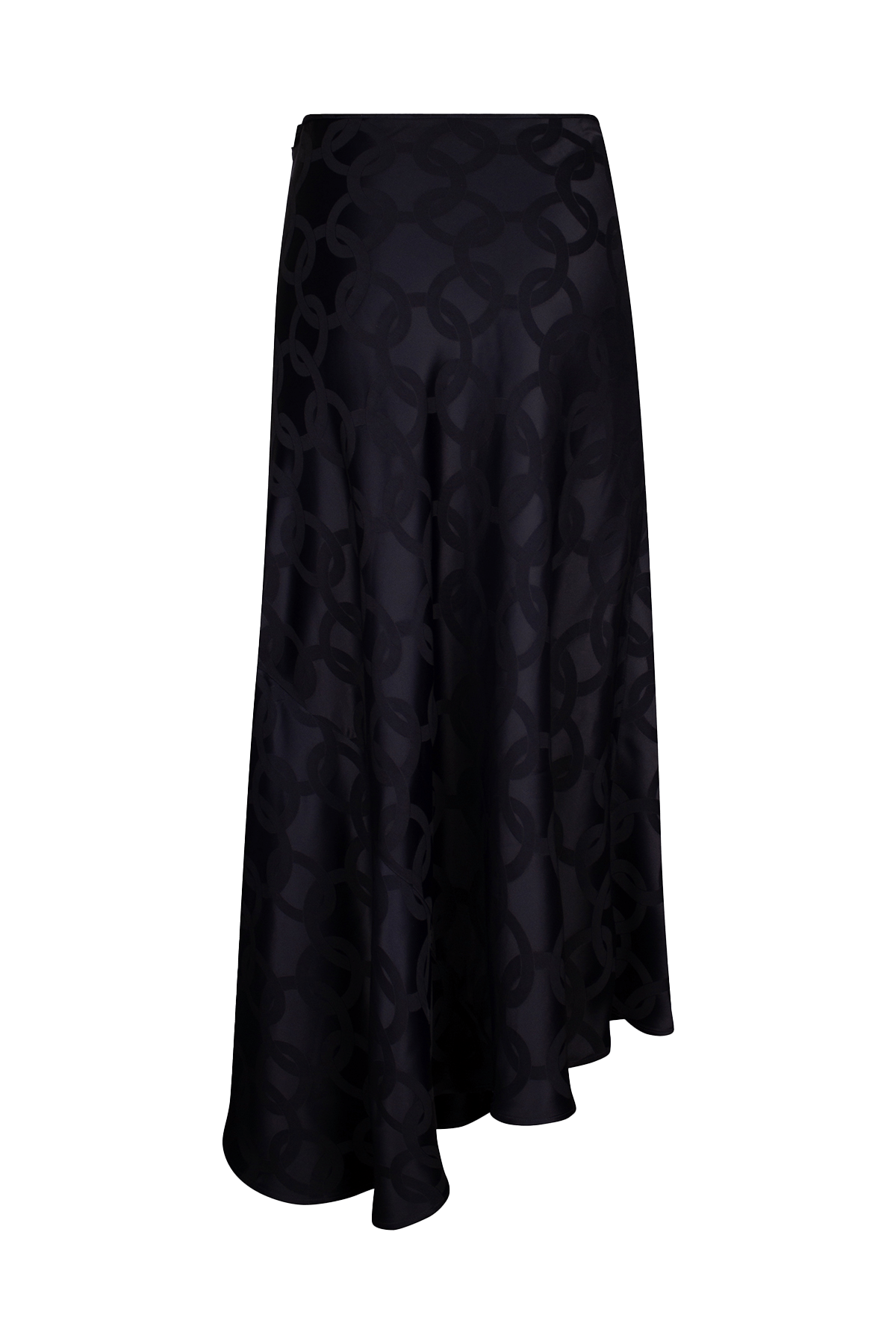 Lulu bias-cut skirt in dark blue satin jacquard with asymmetrical hem.