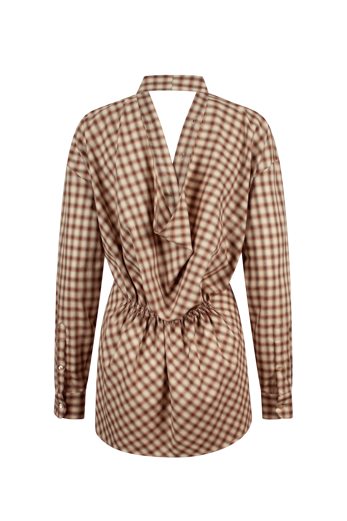 The Mina shirt with V-neckline and draped back detail.