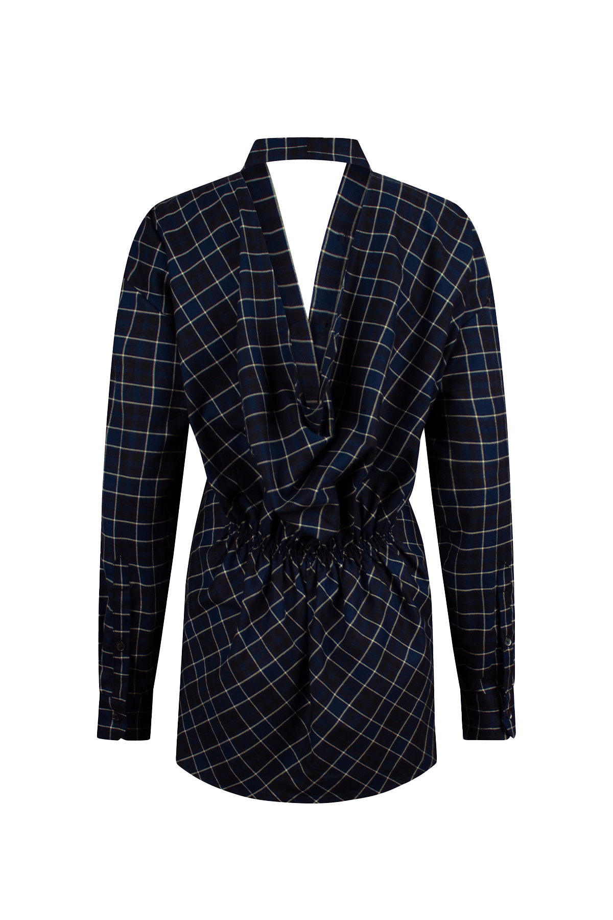 The Mina shirt with V-neckline and draped back detail.