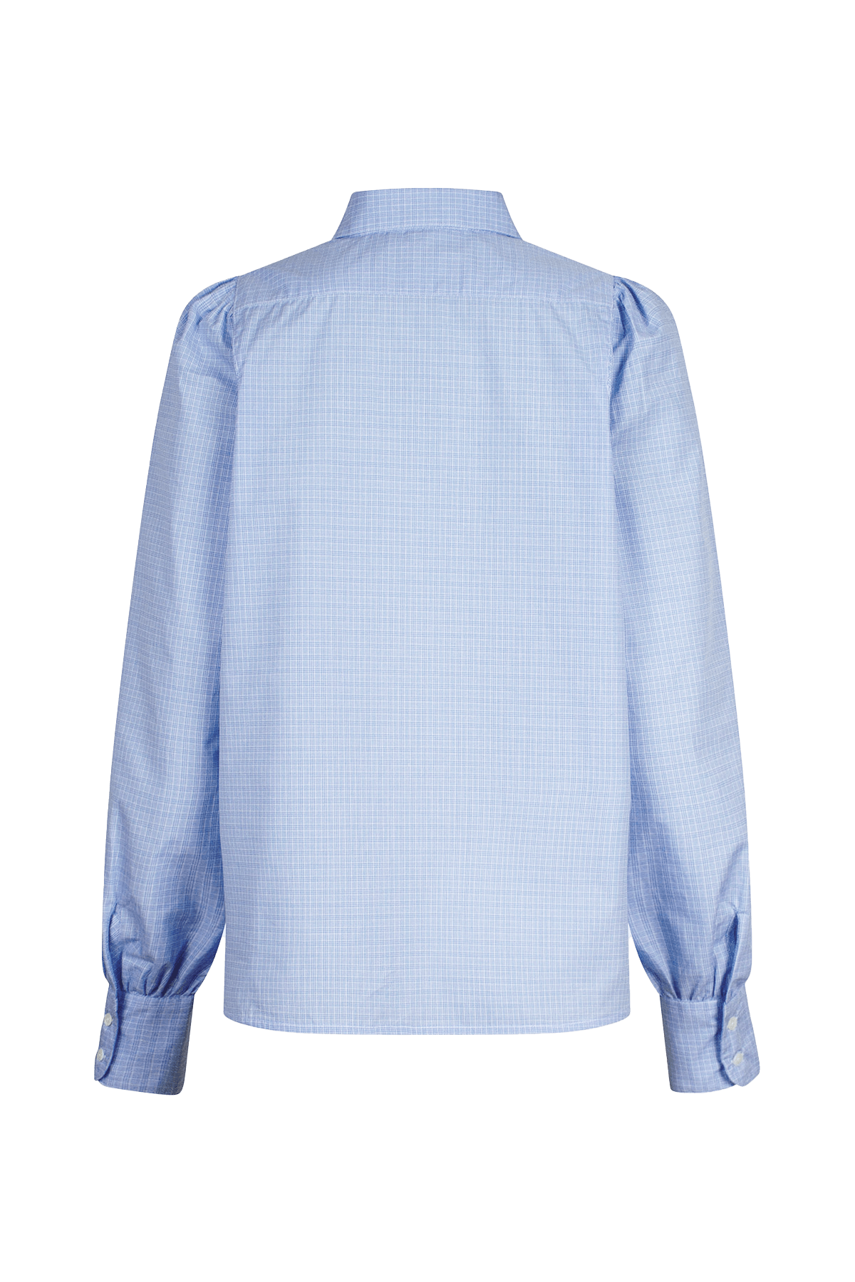 Blue cotton Patricia shirt with rounded collar and puffed sleeves.