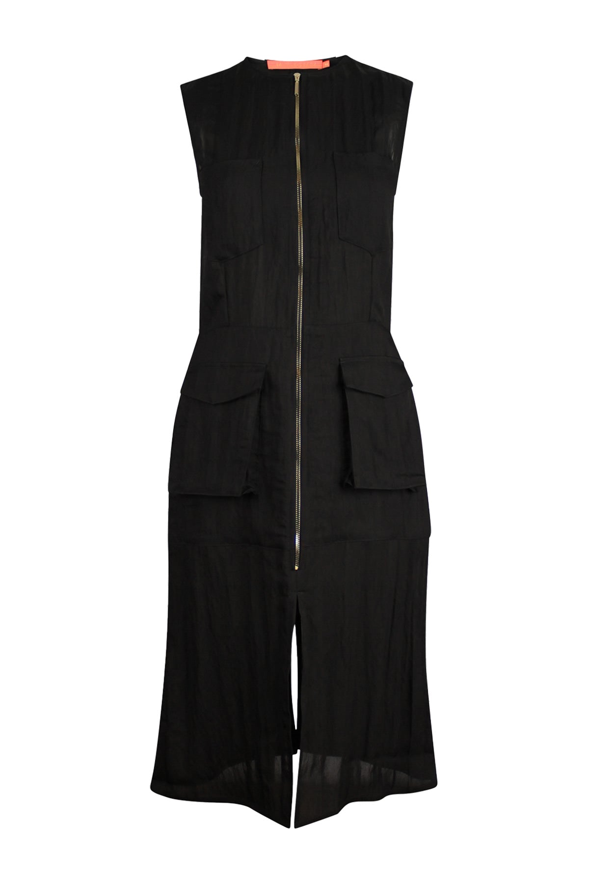 Phoebe Dress – Black sleeveless midi dress with zip-front and crinkled fabric.