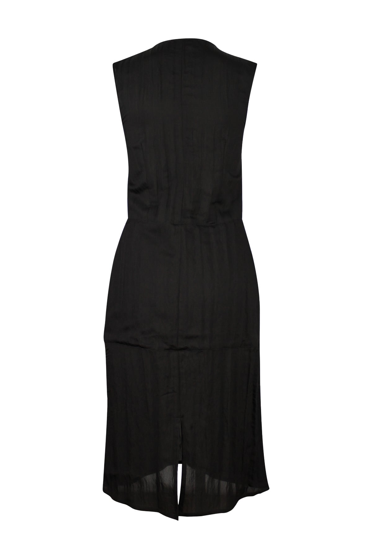 The Back of the Phoebe Dress – Black sleeveless midi dress with zip-front and crinkled fabric.