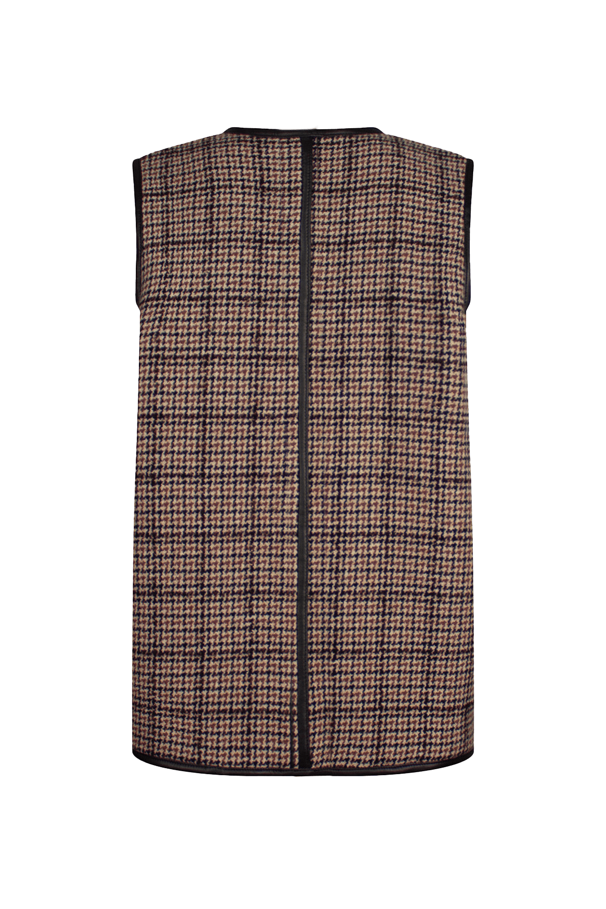 Shearling-lined winter vest in brown check lambswool and leather.