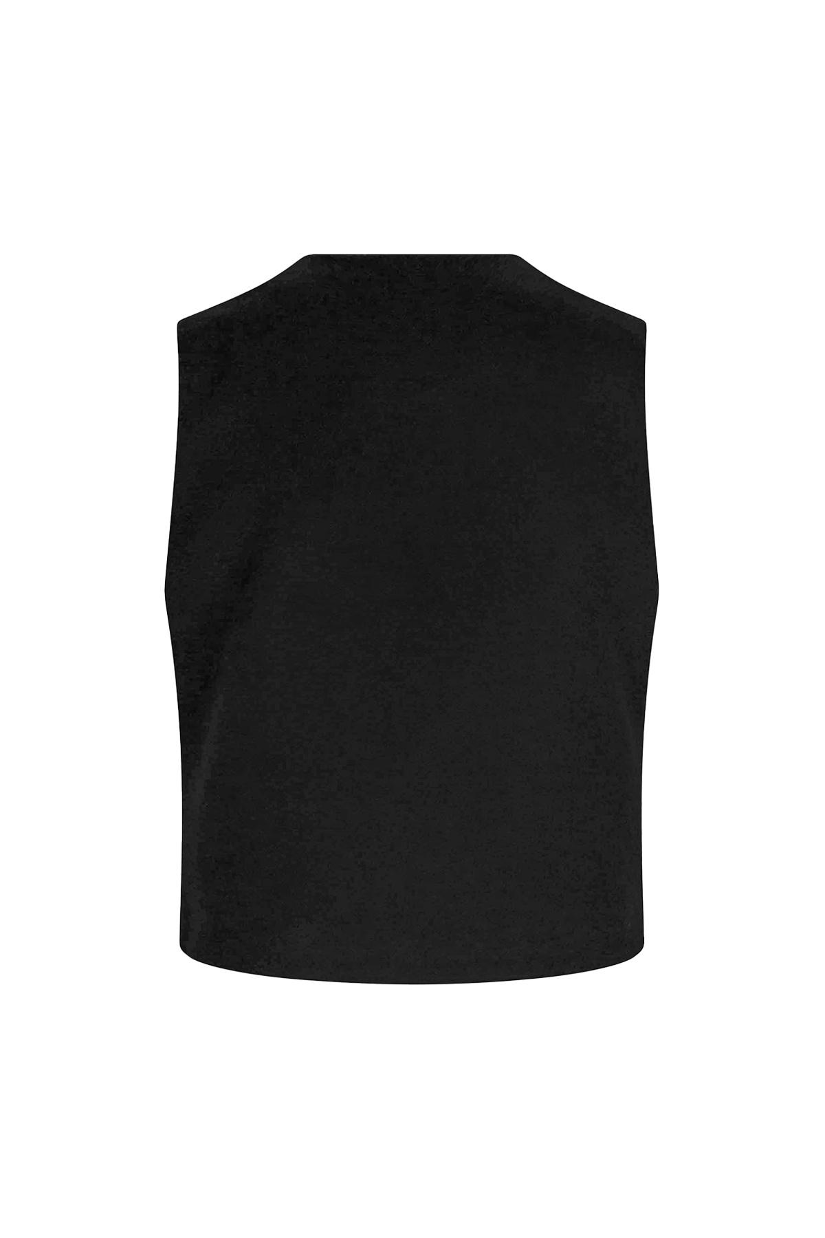 Model wearing black Tinnie vest in cashmere–virgin wool.