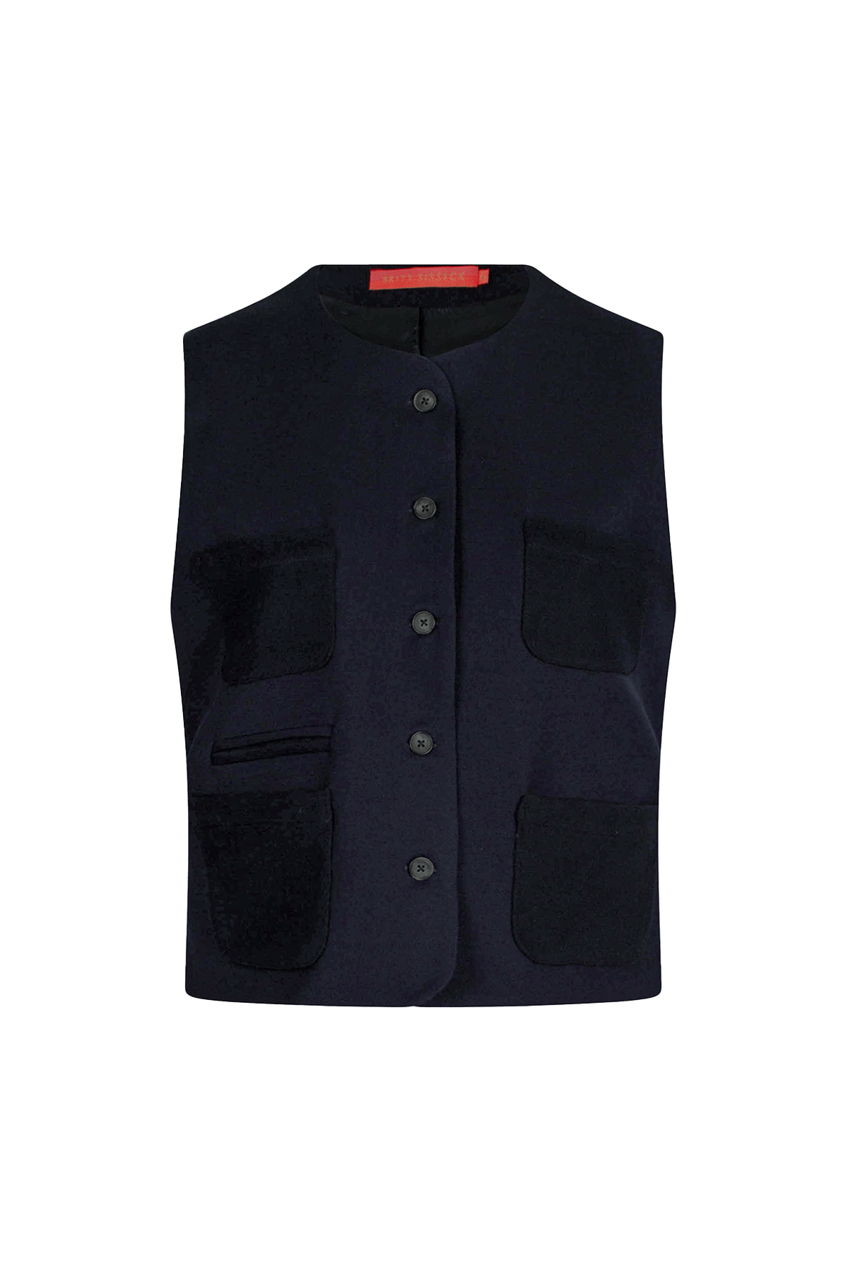 Dark blue Tinnie vest in cashmere–virgin wool with cropped silhouette and contrast pockets.