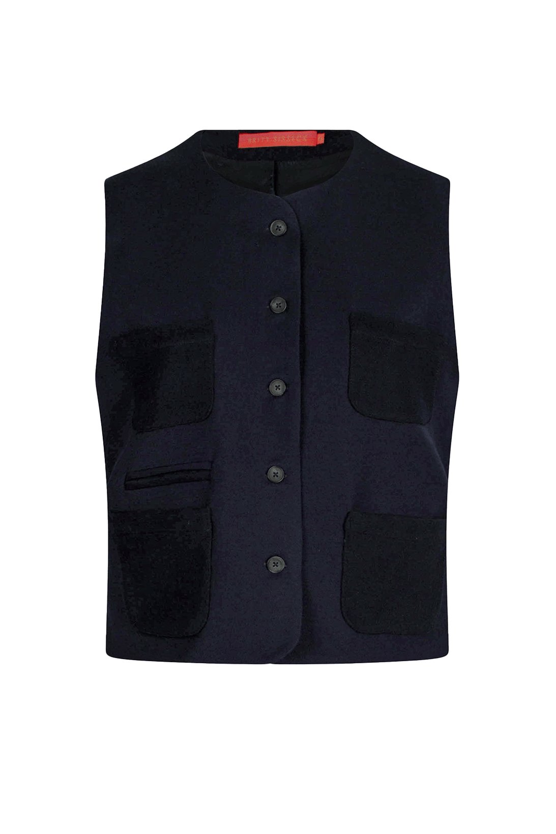 Dark blue Tinnie vest in cashmere–virgin wool with cropped silhouette and contrast pockets.