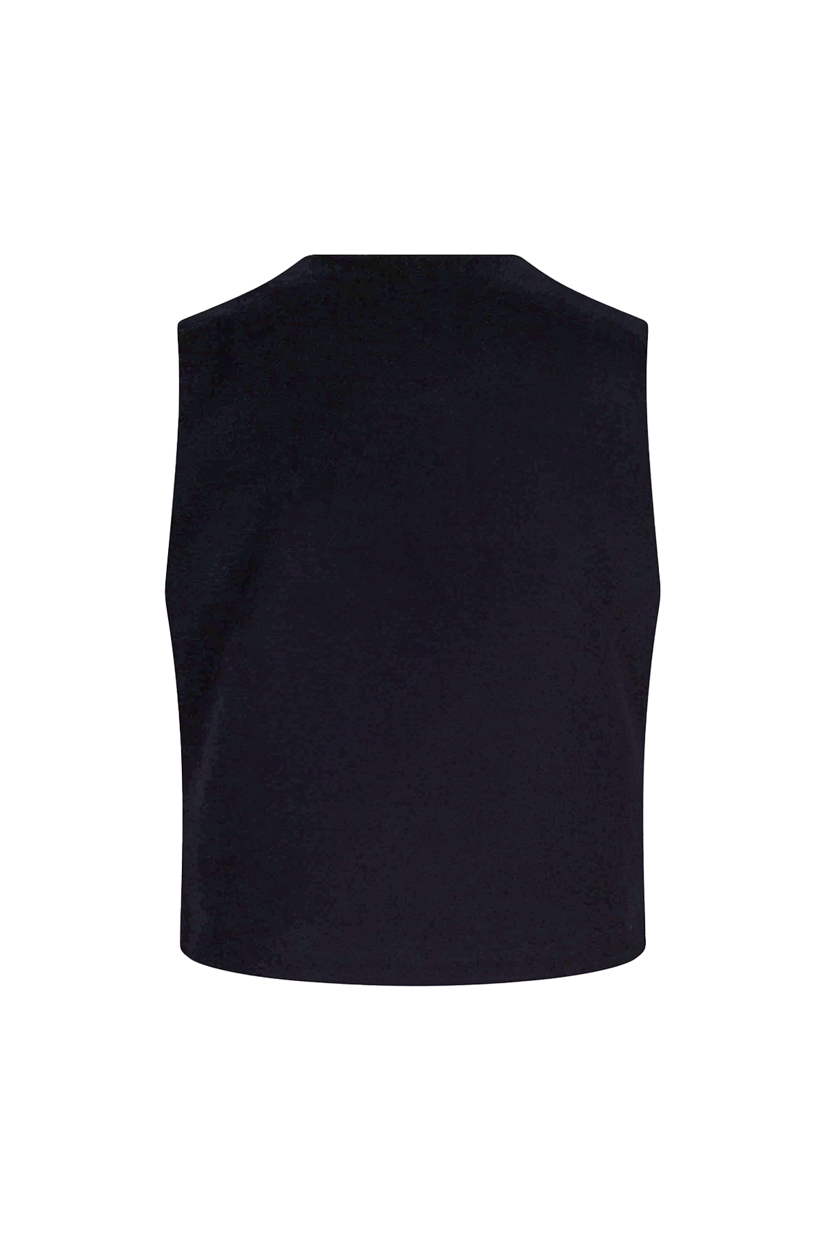 Close-up of dark blue Tinnie vest in cashmere–virgin wool.