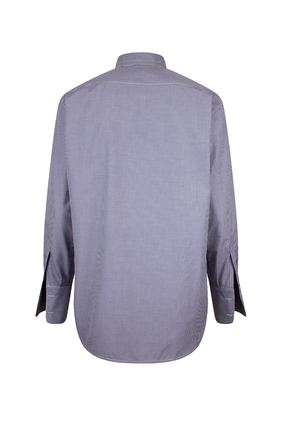 Blue check Tuxedo shirt with pleated asymmetrical bib and stand collar.