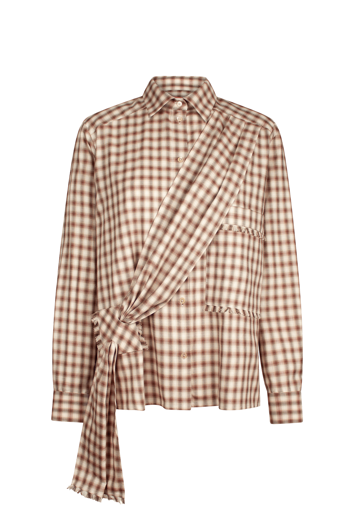 Checked brown shirt with a draped front tie detail