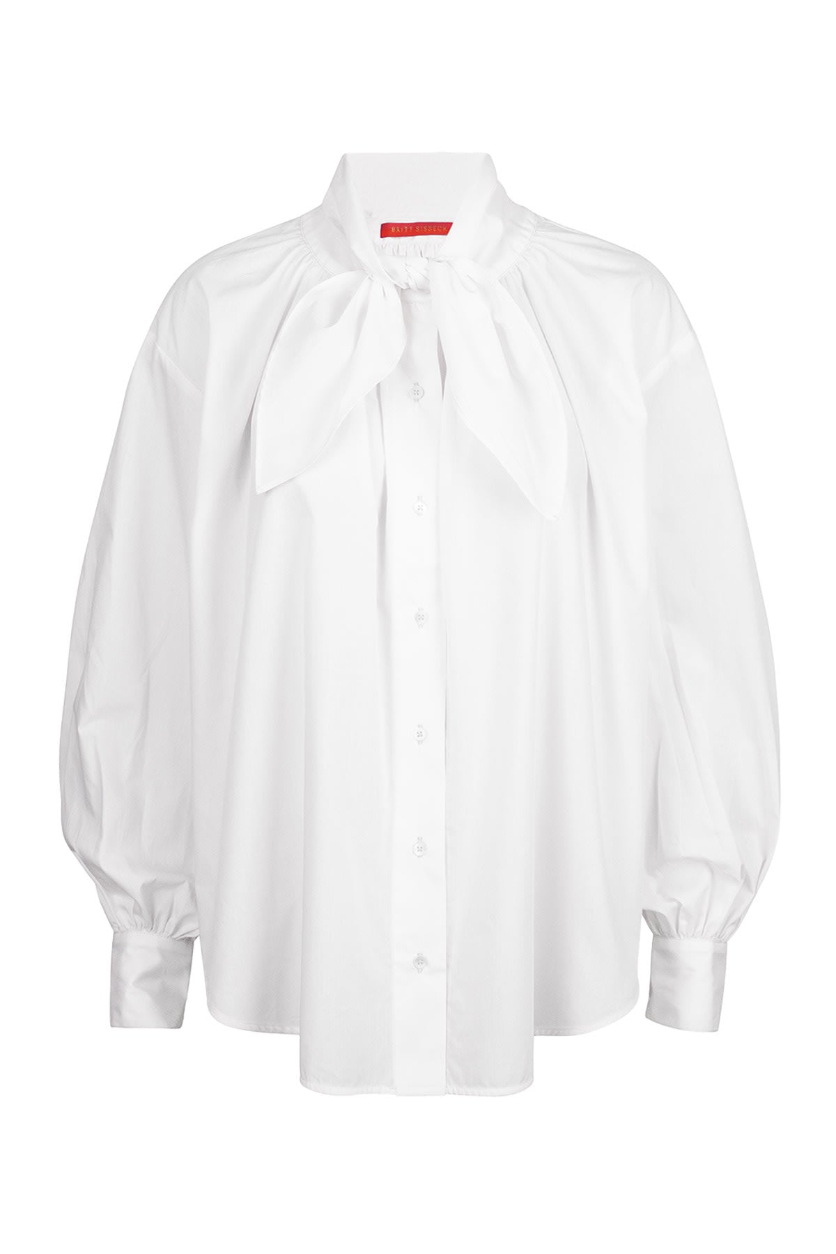 Front view of the Vanessa white tie shirt with voluminous sleeves and a soft silhouette.