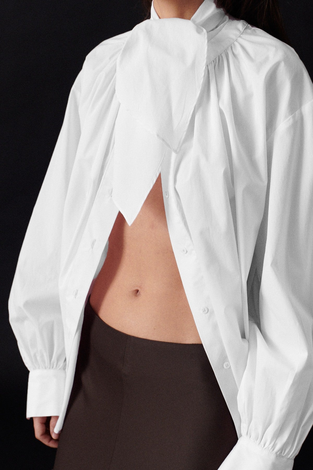 Close-up of the elegant white shirt, focusing on the tie detail and refined tailoring.