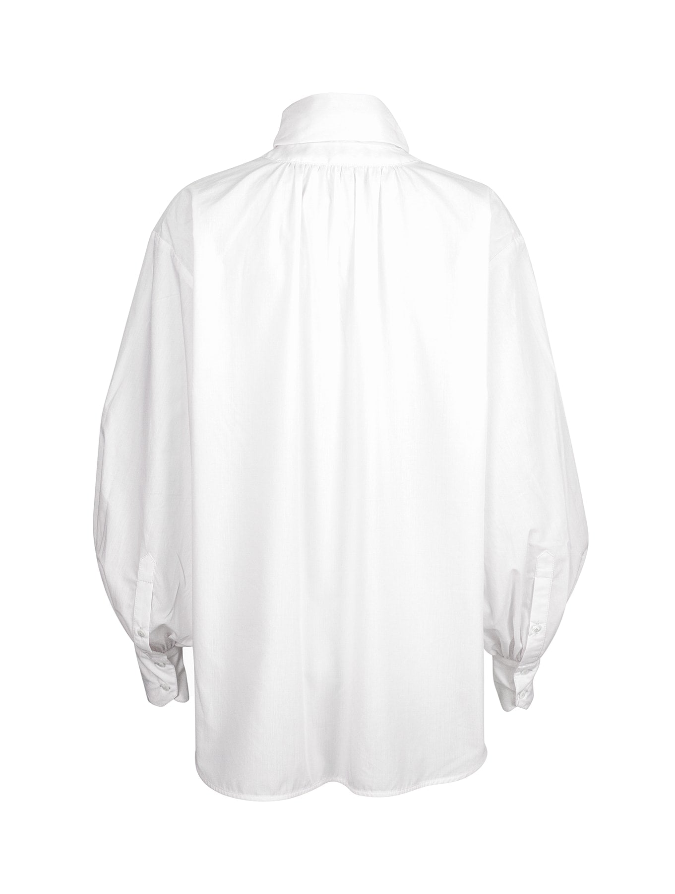 Back view of the Vanessa white bow shirt, featuring a slightly curved hem and gathered shoulders.
