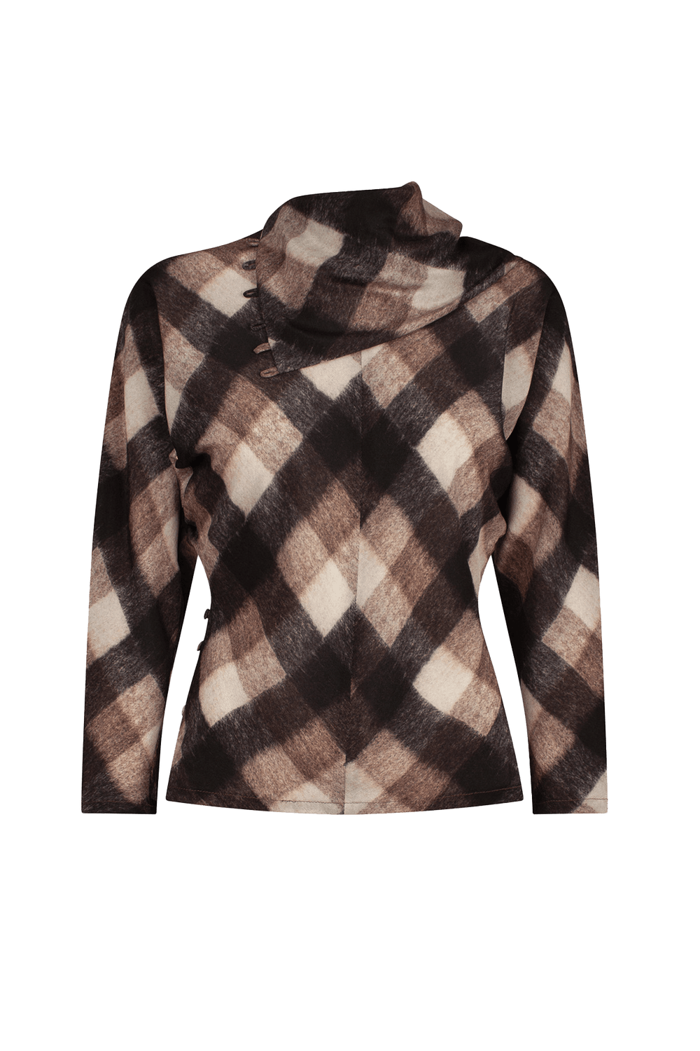 Brown and black check top with asymmetrical buttoned neckline and long sleeves.
