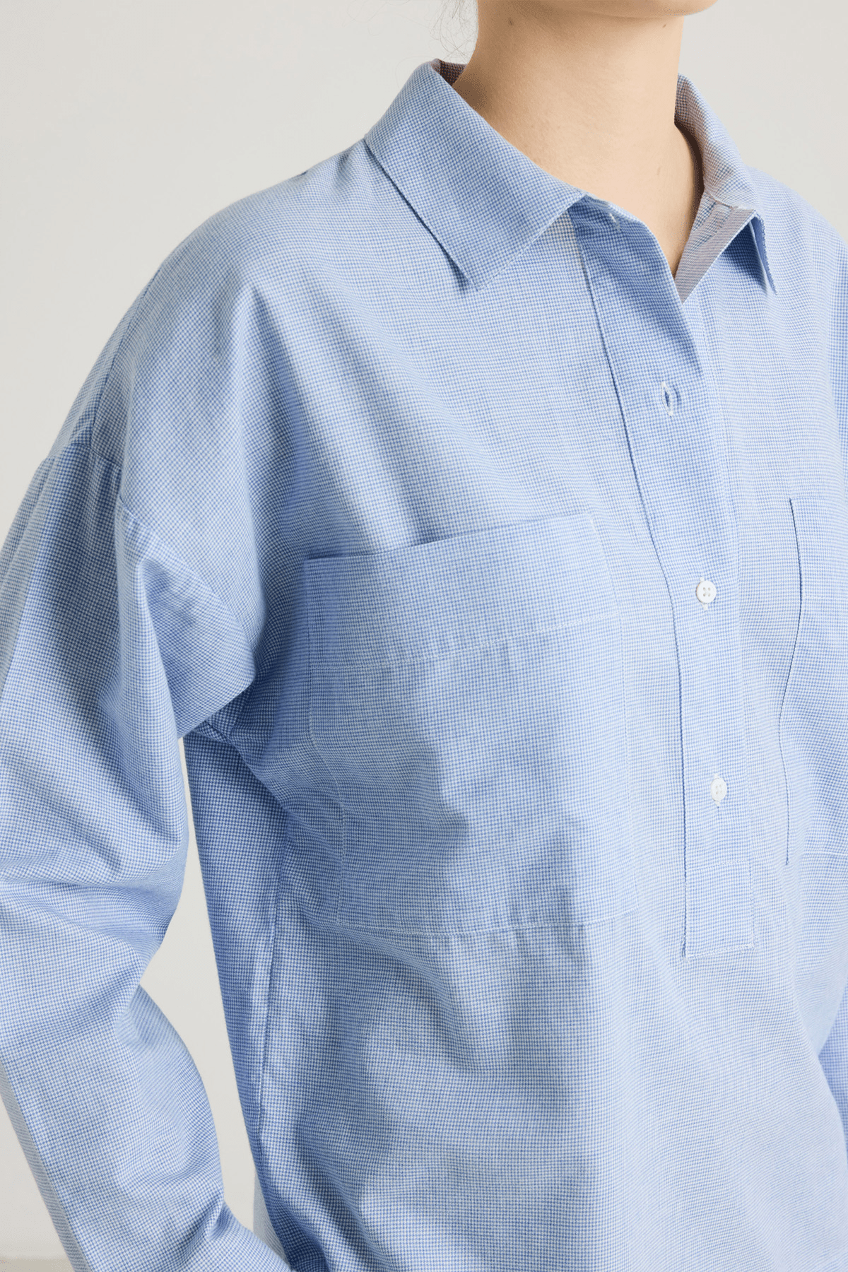 blue houndstooth shirt with big pockets