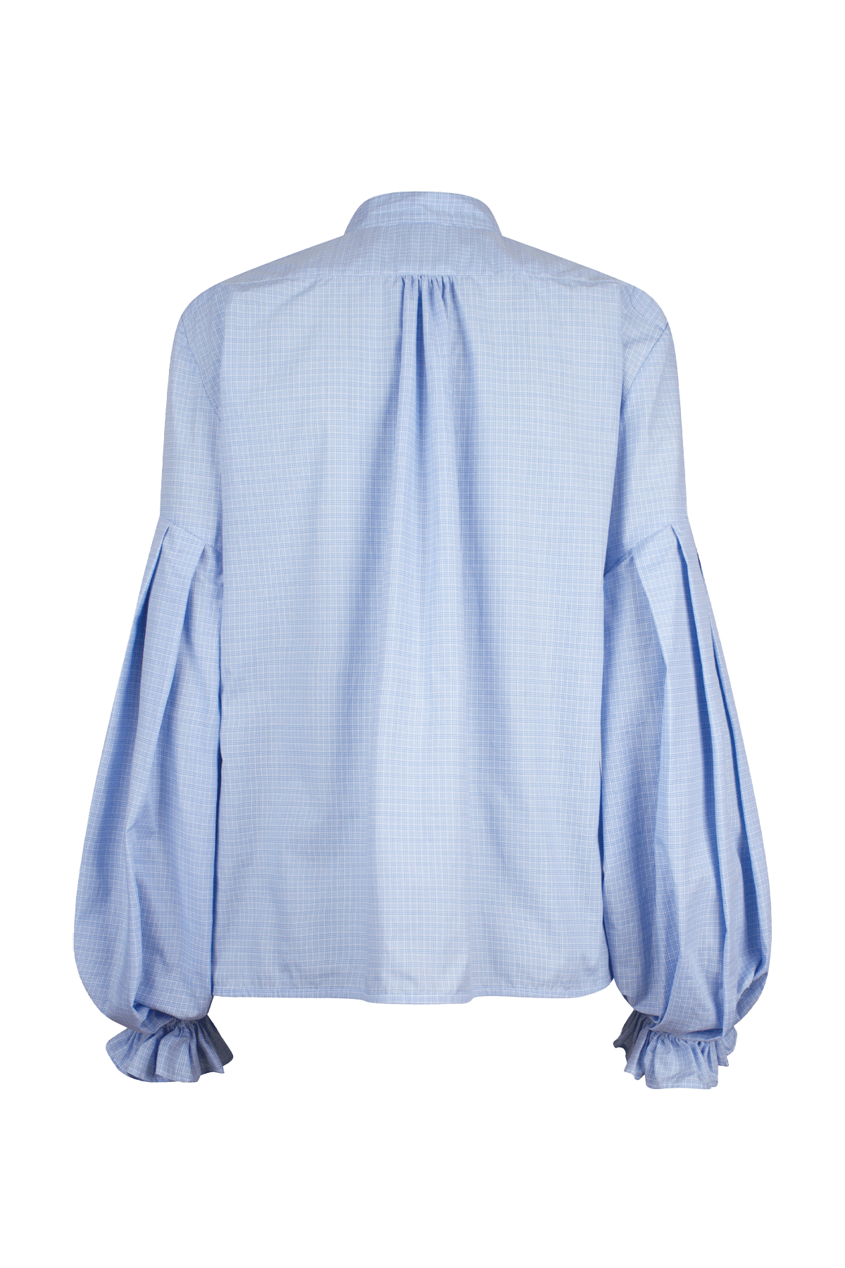 Light blue check blouse with a tie-neck detail, front button closure, and long voluminous balloon sleeves gathered at the wrists