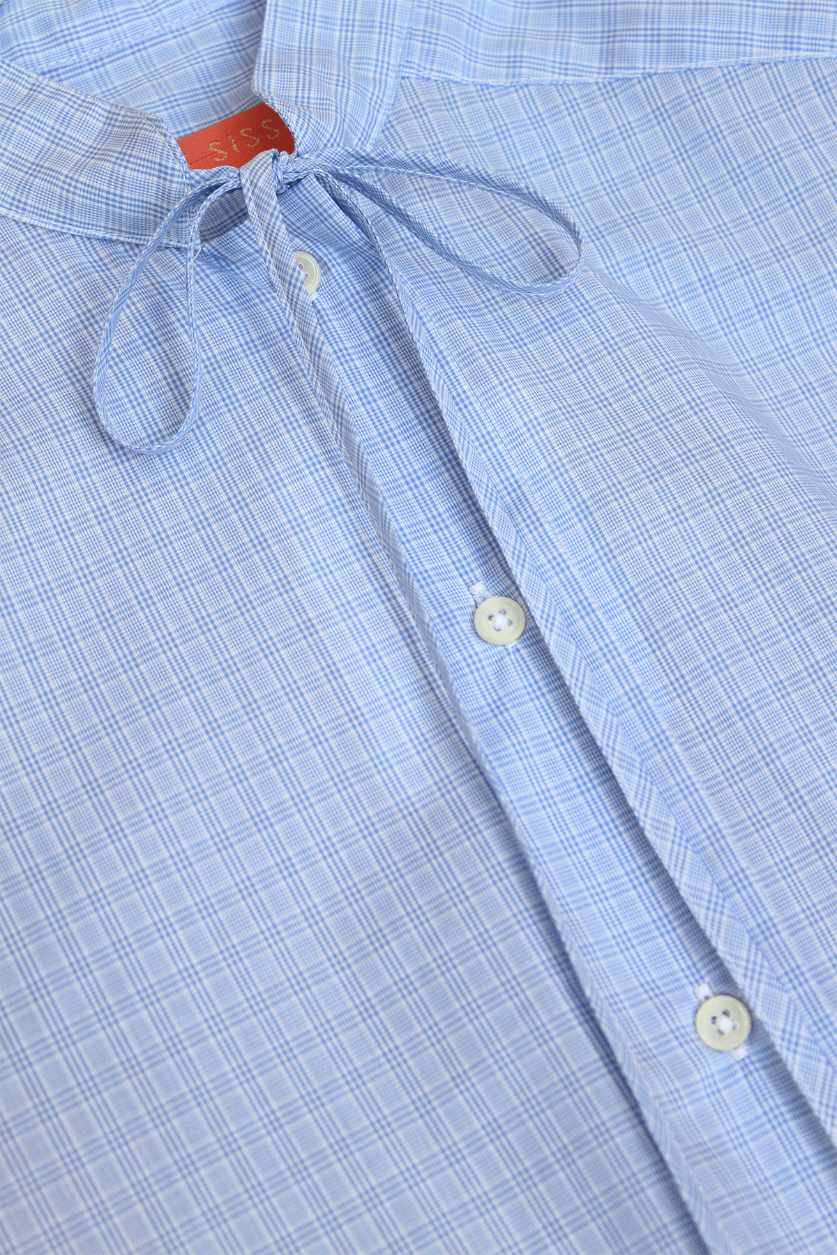 Light blue check blouse with a tie-neck detail, front button closure