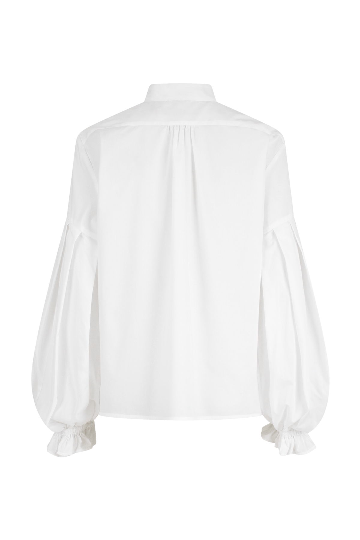 White blouse with a tie-neck detail, front button closure, and long voluminous balloon sleeves gathered at the wrists