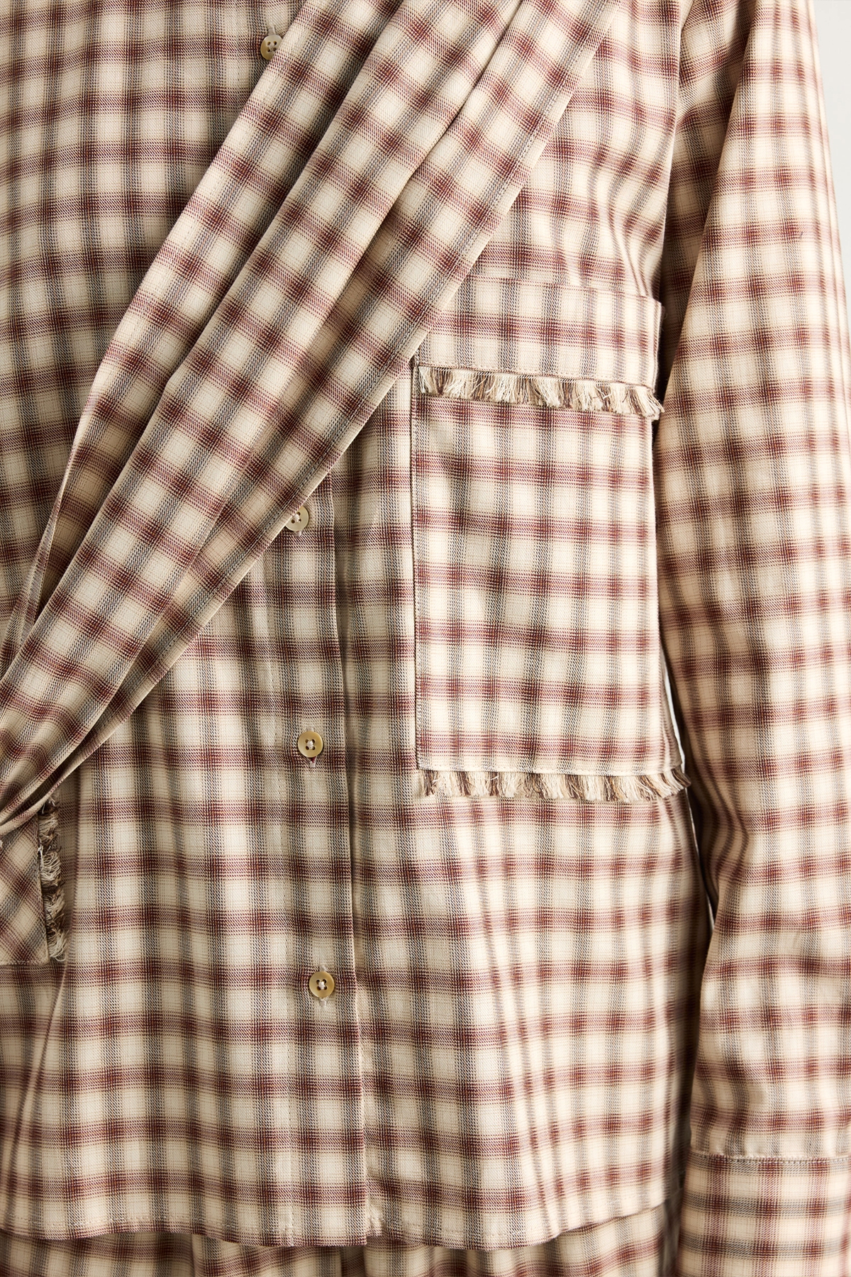 Checked brown shirt with a draped front tie detail