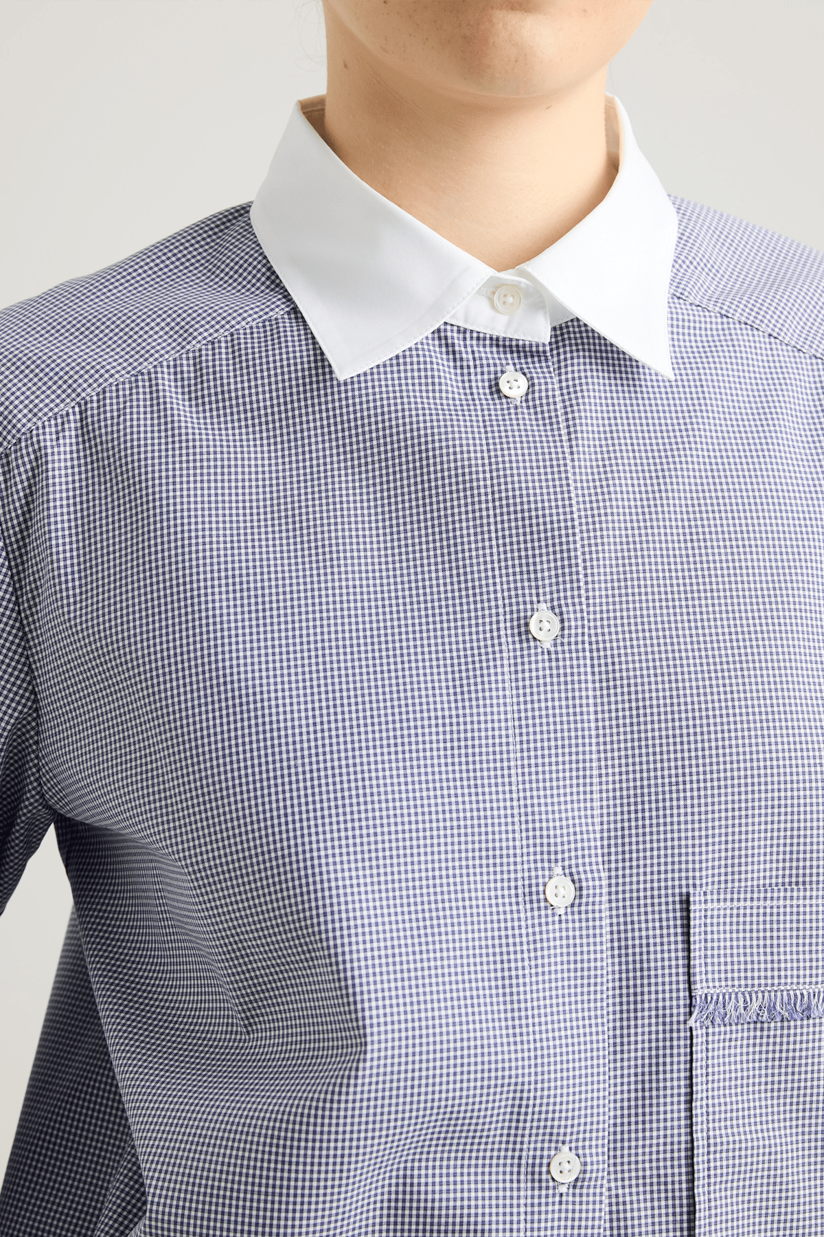 blue check shirt with contrat collar