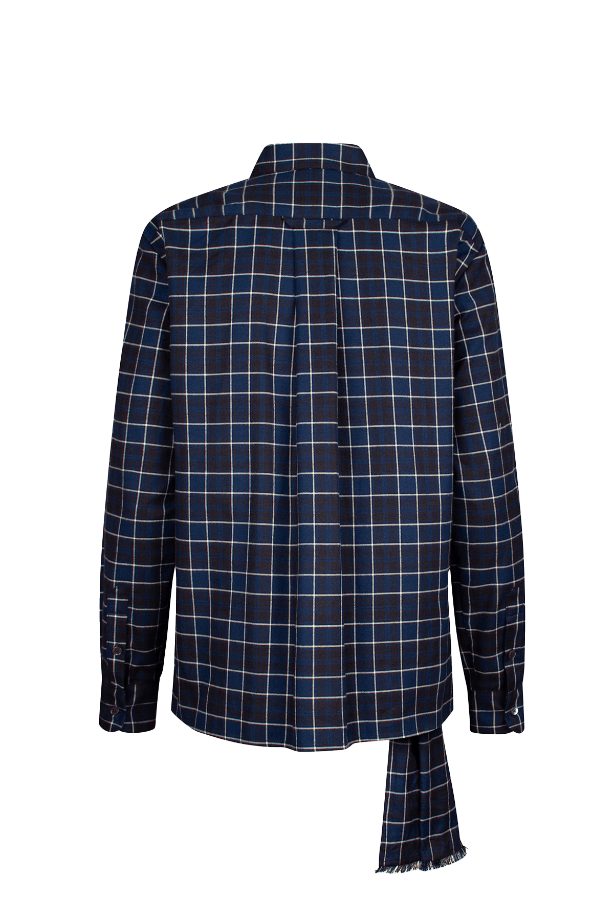 Checked navy shirt with a draped front tie detail