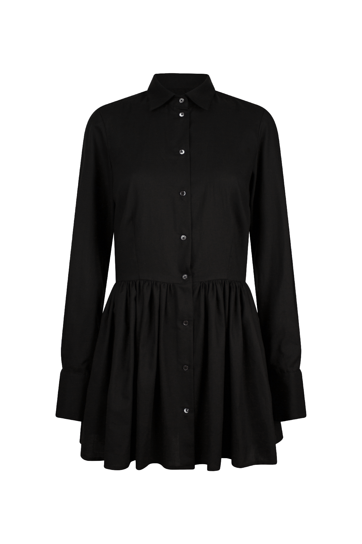 Black long-sleeved mini dress with, button-down front, and gathered peplum-style skirt.