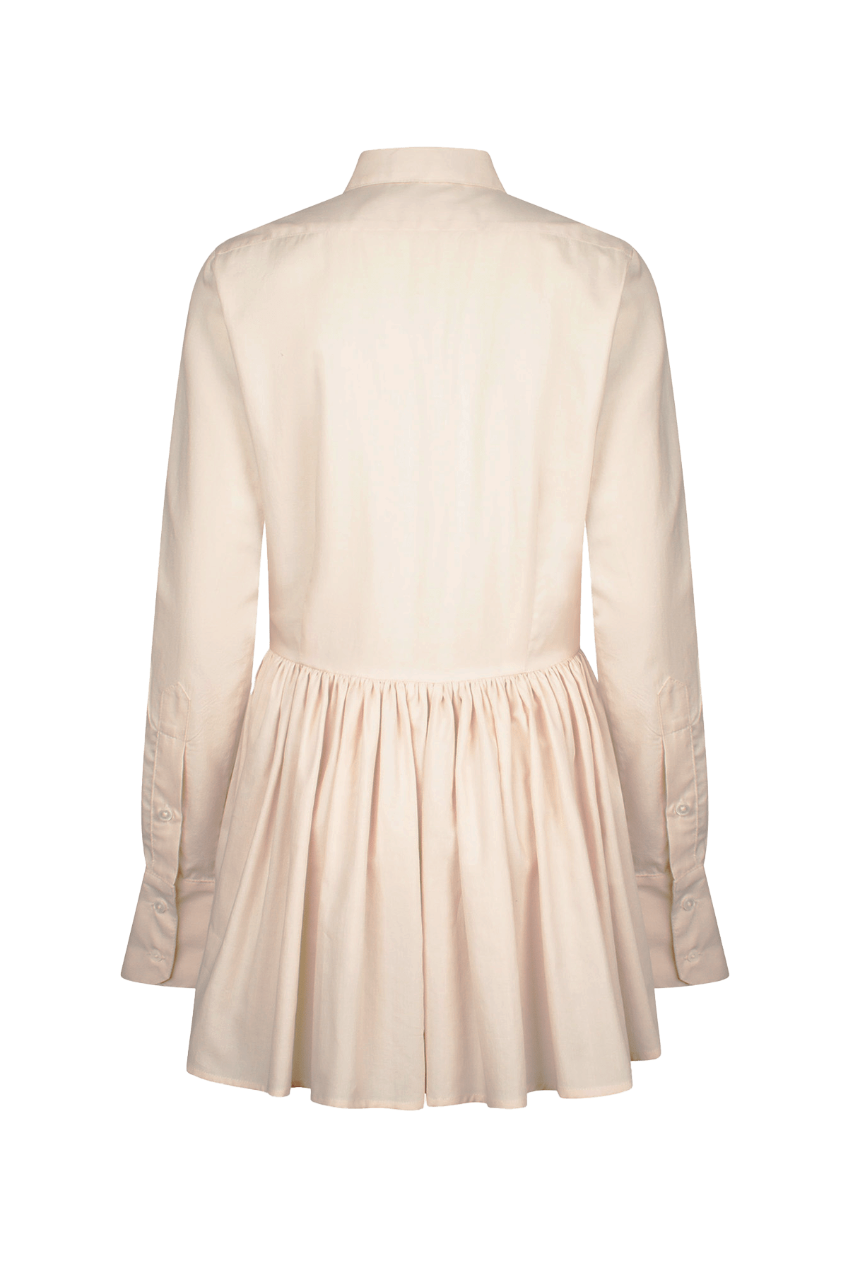 Cream long-sleeved mini dress with, button-down front, and gathered peplum-style skirt.