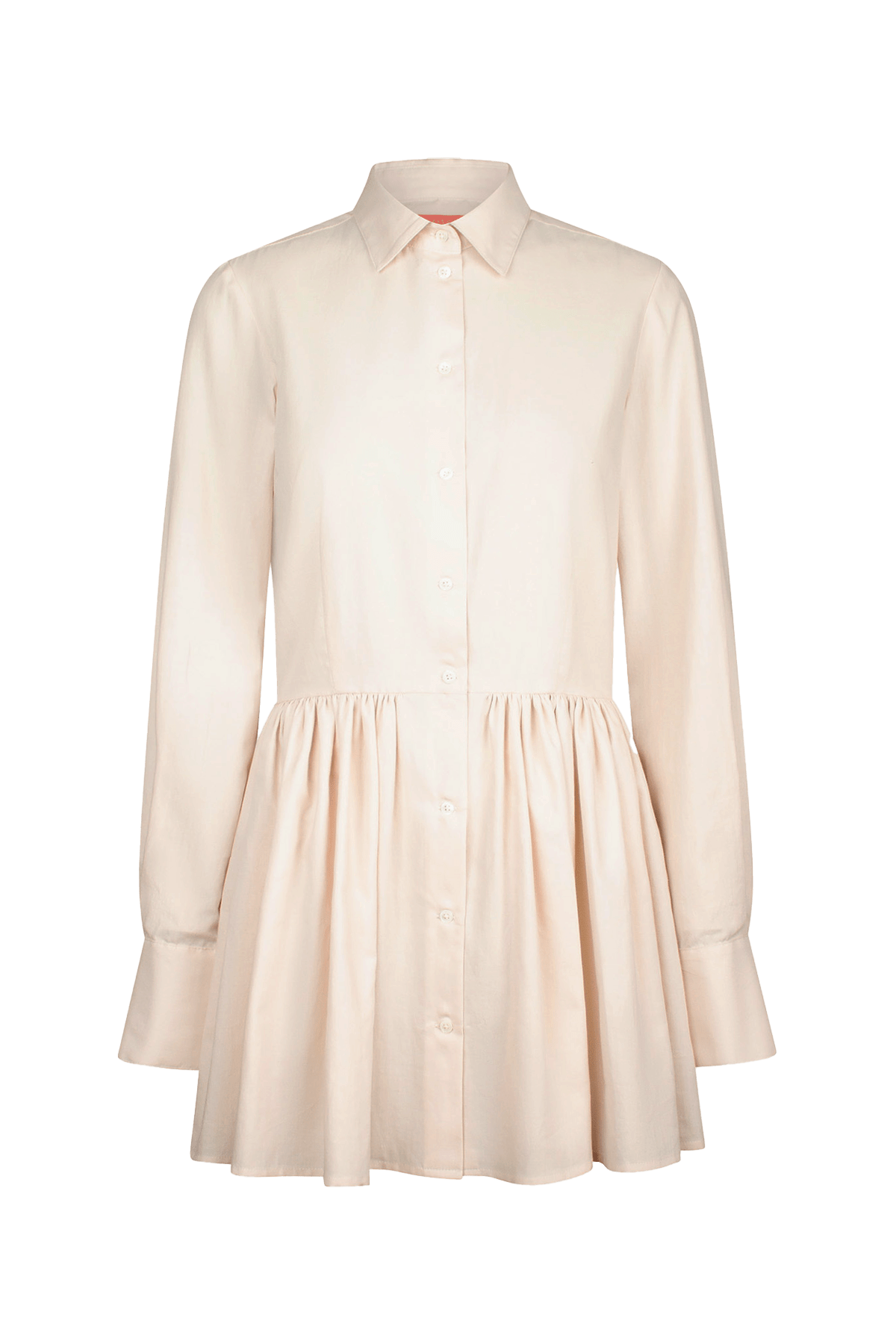 Cream long-sleeved mini dress with, button-down front, and gathered peplum-style skirt.