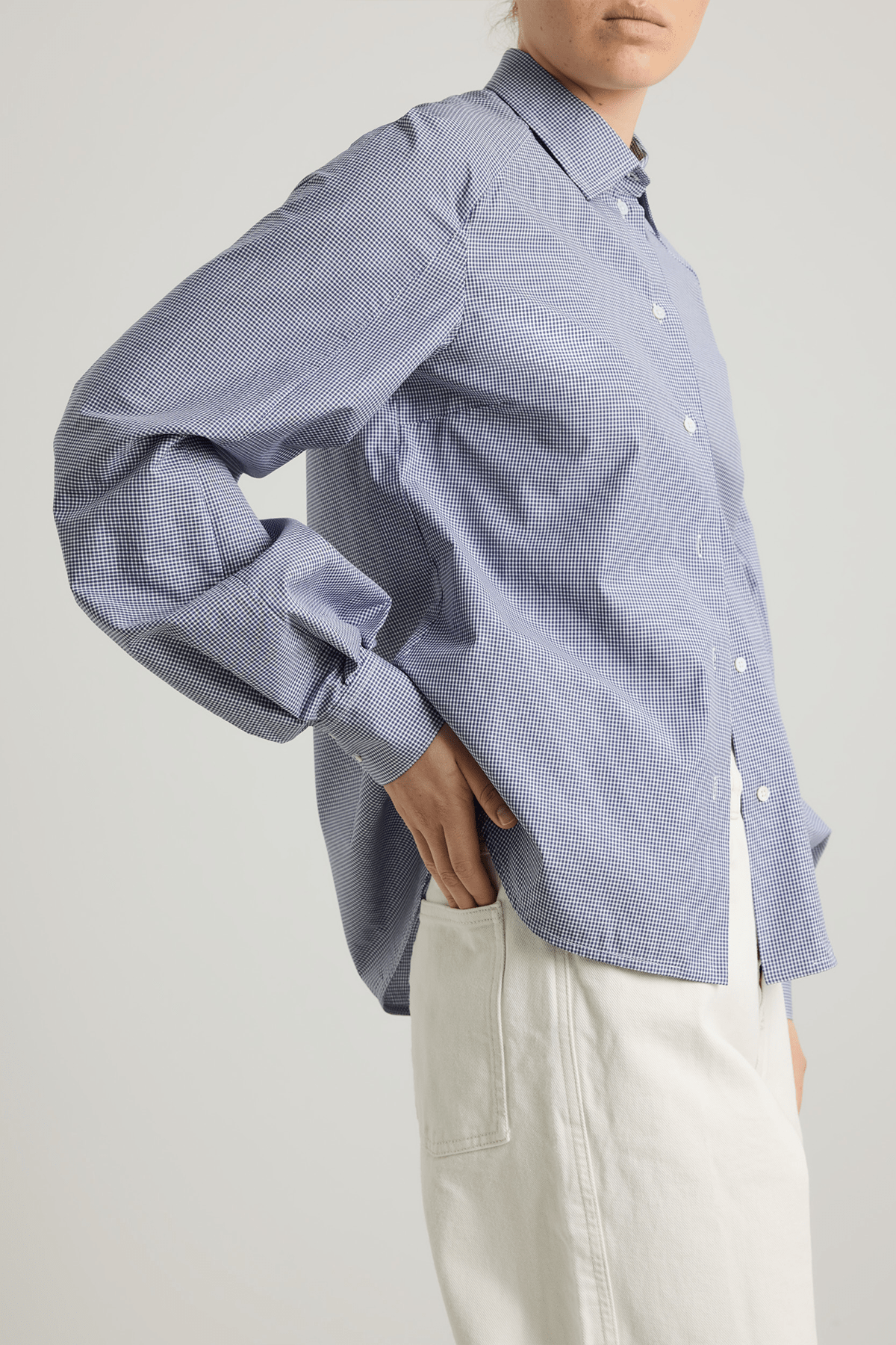 girl in blue check Button down shirt