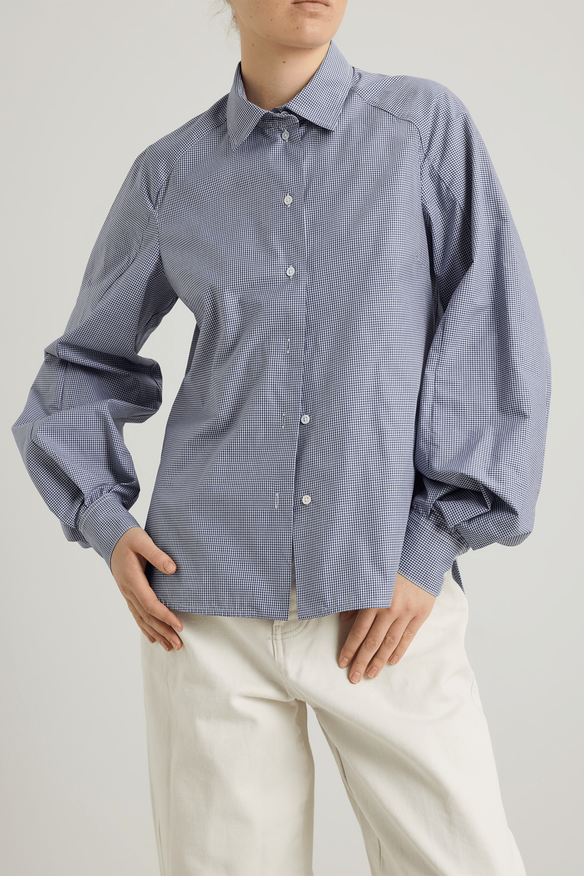 girl in blue check Button down shirt