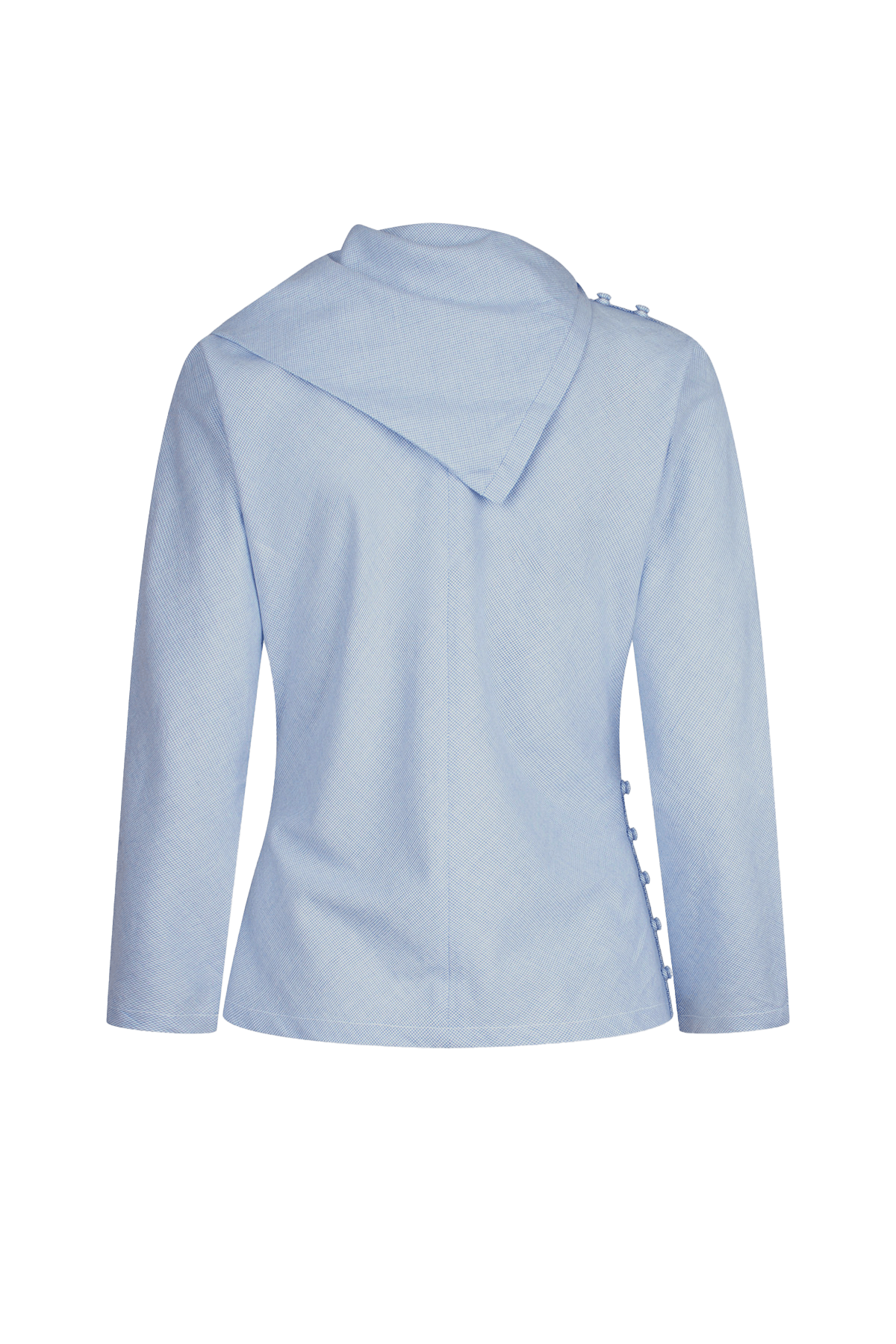 blue houndstooth top with asymmetrical buttoned neckline
