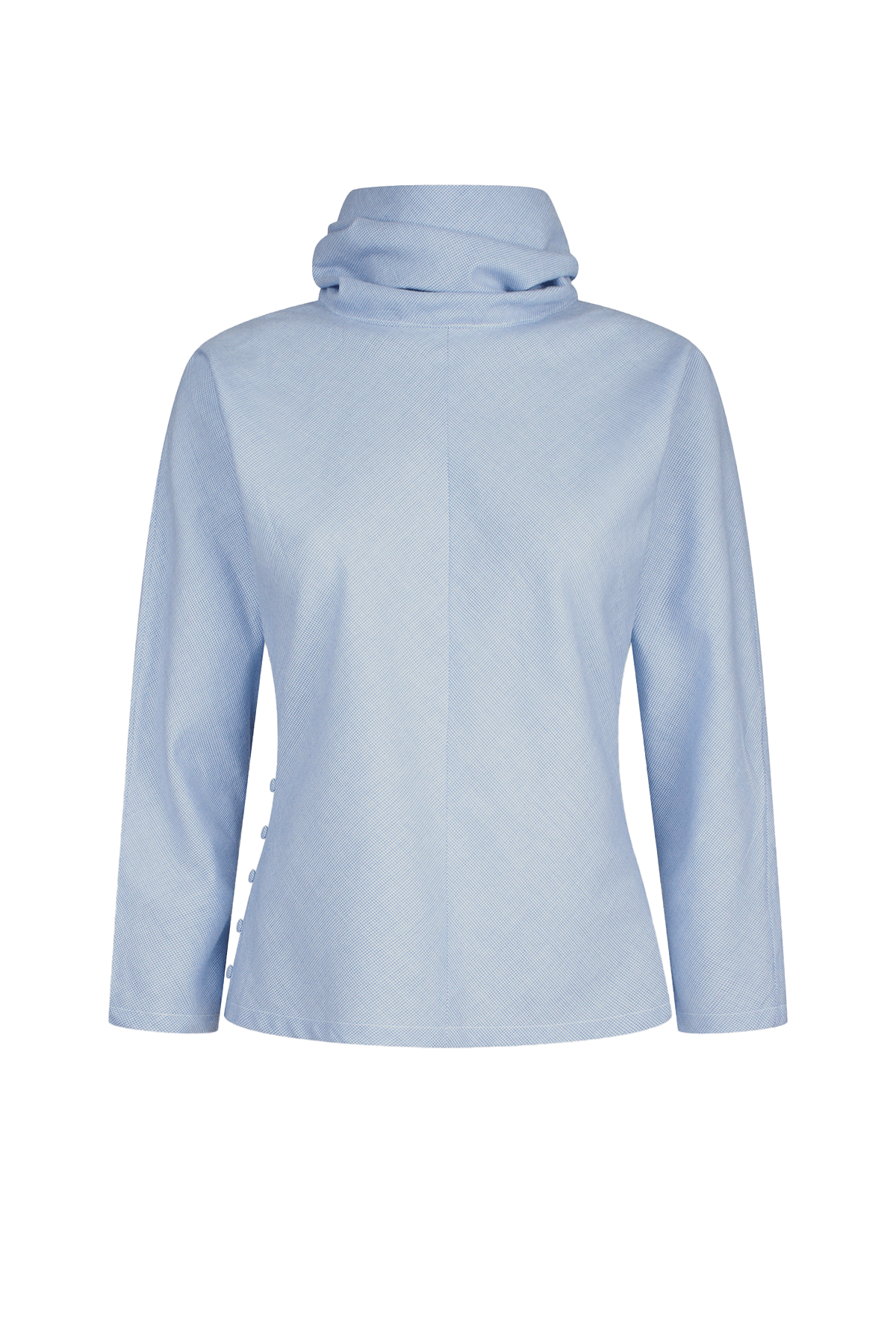 blue houndstooth top with asymmetrical buttoned neckline