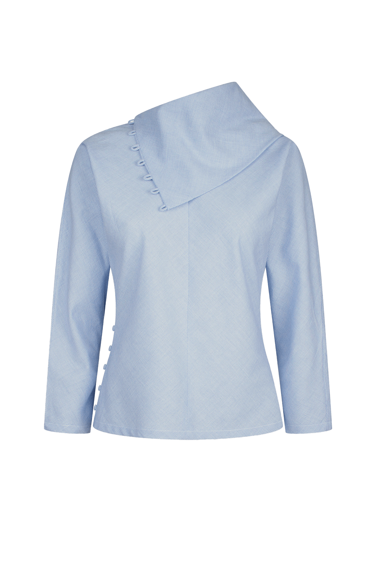 blue houndstooth top with asymmetrical buttoned neckline