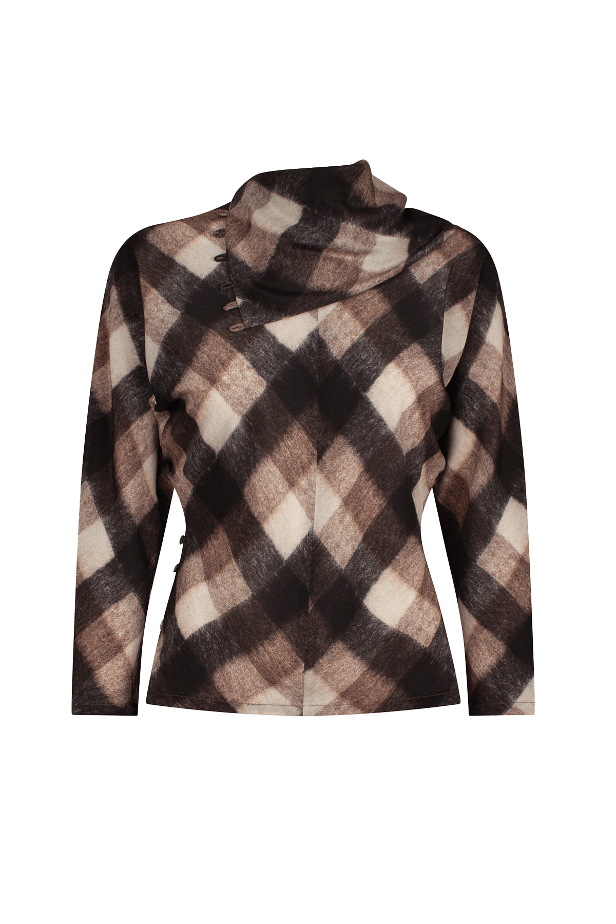 Brown and black check top with asymmetrical buttoned neckline and long sleeves.