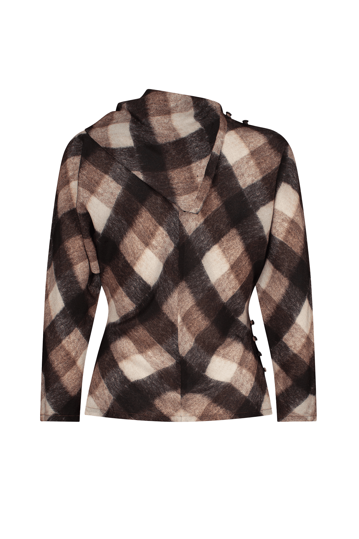 Brown and black check top with asymmetrical buttoned neckline and long sleeves.
